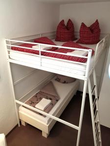 ein weißes Etagenbett mit roten Kissen darauf in der Unterkunft Casa Conne in Rudolstadt