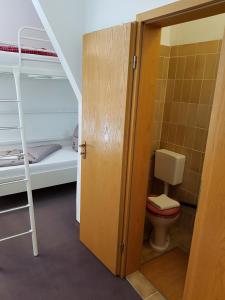 a bathroom with a toilet and a bunk bed at Casa Conne in Rudolstadt