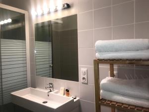 ein Badezimmer mit einem Waschbecken, einem Spiegel und Handtüchern in der Unterkunft Maison Ladeveze in Saint-Galmier