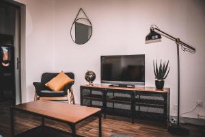 sala de estar con TV de pantalla plana en un soporte en LE PALAZZO - Appartement plus parking privatif - V-RENT en Annecy