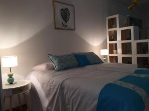 1 dormitorio con 1 cama grande con almohadas azules en 629 Serrano en Buenos Aires