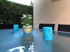 a vase with flowers in it sitting on a table at Casa Coromines in Alcudia