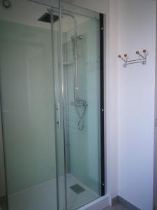 a shower with a glass door in a bathroom at beau T2 lumineux 1er etage in Rochefort