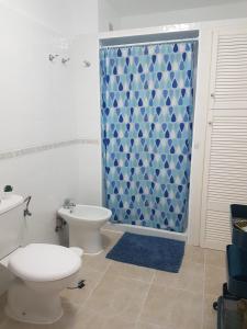 a bathroom with a toilet and a blue shower curtain at Tazacorte SOL in Tazacorte
