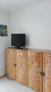 a television sitting on top of a wooden cabinet at Apartment Flughafen Leipzig in Hayna
