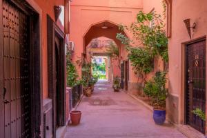 マラケシュにあるRiad Noureddineの鉢植えの古い建物内の路地