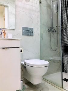 リスボンにあるInn Lisbon, Alfama Fado Studioのバスルーム(トイレ、ガラス張りのシャワー付)