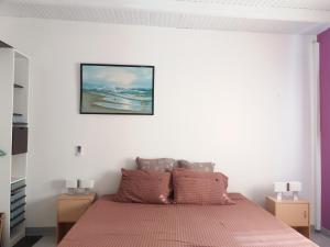 ein Schlafzimmer mit einem Bett mit einem Bild an der Wand in der Unterkunft Gîte 1001 Nuits - ALADIN in Bouillante