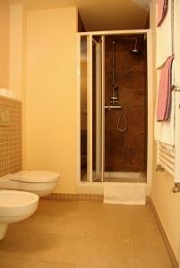 y baño con ducha, aseo y lavamanos. en Hotel Trevi en Praga