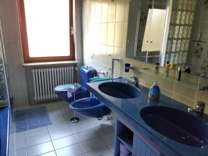 a bathroom with two sinks and a toilet and a mirror at Haus Bella in Löffingen +9 photos