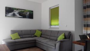 uma sala de estar com um sofá cinzento com almofadas verdes em Im Hirzenbruch 1 em Nohfelden