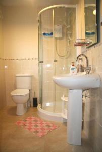 a bathroom with a shower and a sink and a toilet at Ken-Mar House Bed and Breakfast in Ballymoney