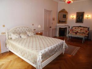 een slaapkamer met een bed en een stoel en een open haard bij Château de la Motte in Noailly