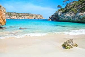 a beach with a rock in the sand and the ocean at Marblau Mallorca in Cala Figuera