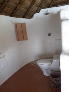 a bathroom with a toilet and a towel on the wall at AL FARO Cosmio Hotel Palawan in Busuanga