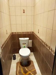 W pokoju wyłożonym kafelkami znajduje się łazienka z toaletą. w obiekcie Alabama Mama w Kijowie