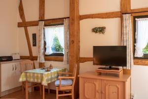 a living room with a tv and a table with a tableablish at Pension Thieshof in Amelinghausen