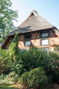 a house with a thatched roof on top of some bushes at Pension Thieshof in Amelinghausen