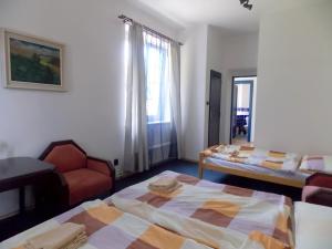 a bedroom with two beds and a couch and a window at Hotel Britz in Velké Hamry