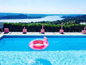 a swimming pool with a pink inflatable toilet in the water at Villa Marisa in Nebbiuno