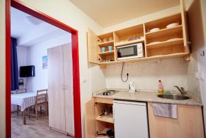 
a kitchen with a sink and a microwave at University Hotel in Prague

