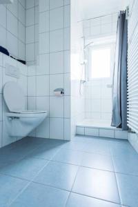 a white bathroom with a toilet and a shower at 2 Bedroom Penthouse in Gasperich in Luxembourg