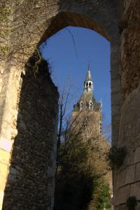 vistas a una torre a través de una pared de ladrillo en Gîte "la Mésangerie" en Château-Renard
