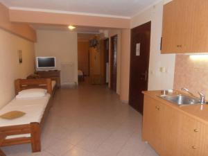 a living room with a couch and a kitchen with a sink at Melia in Aliveri