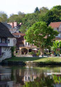 une maison et un arbre à côté d'une masse d'eau dans l'établissement Logis hotel les flots bleus, à Beaulieu-sur-Dordogne