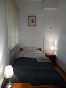 um quarto com uma cama e 2 candeeiros nas mesas em Pokoje gościnne przy Ogrodzie Staromiejskim em Breslávia