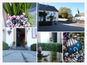 un collage de fotos de una casa y flores en Eifelferienhaus An der Kapelle - kostenlose Sauna, Ofen, en Kerschenbach