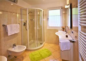 a bathroom with a shower and a sink and a toilet at Apartment Larjëi in Ortisei