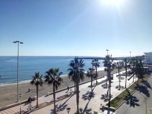 Una vista de una playa con palmeras y el océano. en ApartRoquetas, en Roquetas de Mar