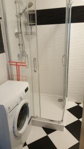 eine Waschmaschine in einem Badezimmer mit Dusche in der Unterkunft Wrocław APARTAMENTY KĘPA MIESZCZAŃSKA in Breslau + 15 Fotos