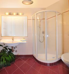 bagno con doccia, lavandino e servizi igienici di Apartment Gertrud a Castelrotto