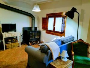 ein Wohnzimmer mit einem Sofa und einem Kamin in der Unterkunft Allotjament turístic Cal Minguell in San Lorenzo de Morunys