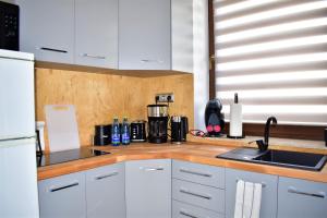 a kitchen with a stove top oven and a refrigerator at Apartament Fibra Cappuccino in Rybnik