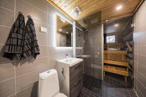 a small bathroom with a toilet and a sink at UnelmaKaukelo in Ruka