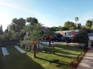 Blick auf einen Park mit Palmen und einem Pool in der Unterkunft Hôtel Volubilis in Fès