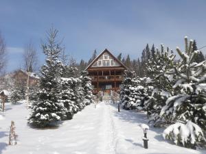 a log cabin in the snow with snow covered trees at Ранчо в Карпатах in Bukovel