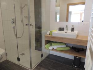 a bathroom with a shower and a sink at Buttererhof-Apartments in Fulpmes +53 photos