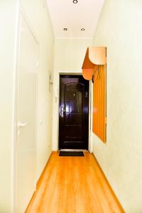 ヴィボルグにあるW Apartament Krepostnaya 13の黒いドアと木製の床の廊下