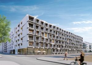 a rendering of a large white building on a street at Premium Apartment München Messe in Munich