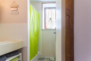 a bathroom with a green shower and a window at Le Gîte du Lavoir in Marzy