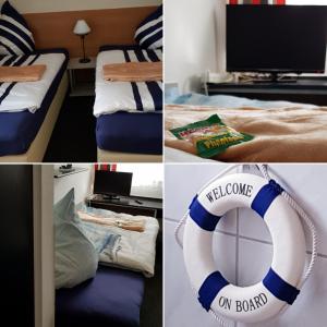 a collage of photos of a hotel room with a beach ball on a bed at Hotel Garni in Herborn +20 photos