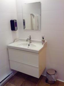 a white bathroom with a sink and a mirror at Farm Retreat with 2 Bed Roms perfect for 4 Guests! in Deep Brook