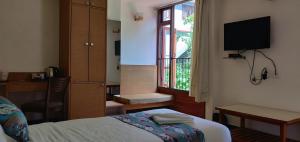甘托克Hotel Ninamma的一间带床、电视和窗户的卧室