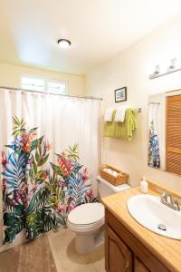 a bathroom with a shower curtain with a toilet and a sink at 'Ama'u Lani Cottage in Volcano