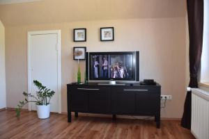 a television on a dresser in a living room at Ferienwohnung-Sonnenblume in Grube +8 photos