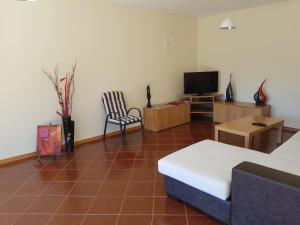 a living room with a couch and a chair and a television at Merck Villa Gerês in Rio Caldo